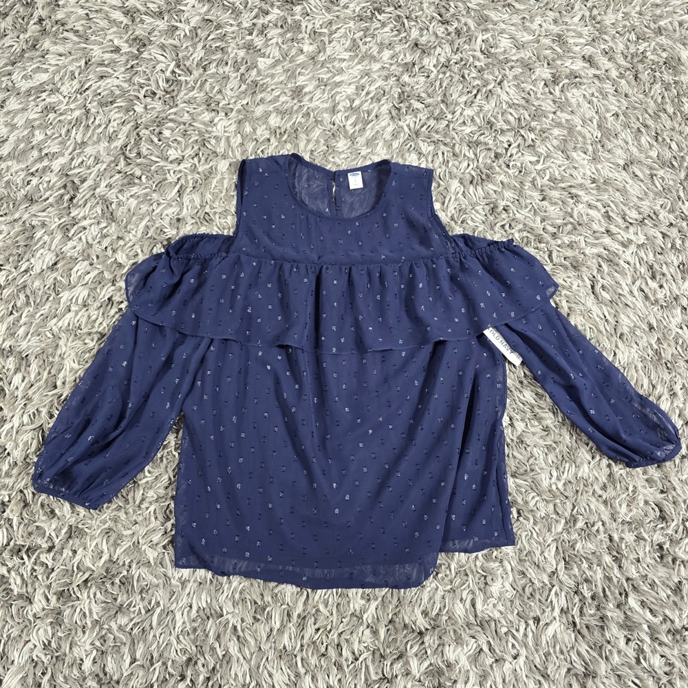 Old Navy Womens Navy Blue Clip Dot Ruffle Cold Shoulder Blouse S V305663-07-17